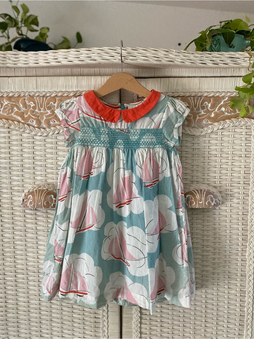 Mini Boden Turquoise Sailboat Dress with Coral Collar